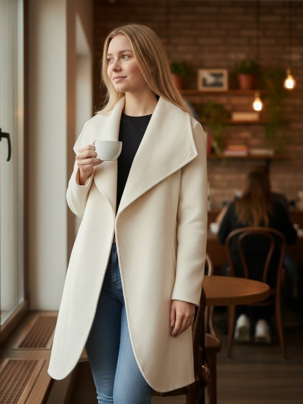 Womens Cream Drape Front Coat Asymmetrical Style